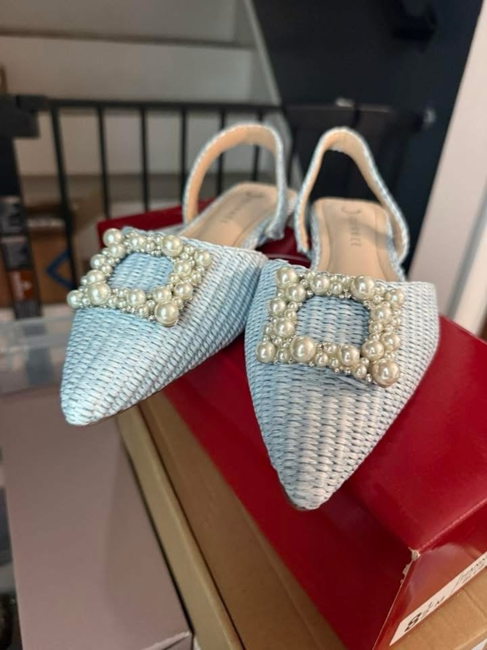 Journee Collection Light Blue Woven Pointed Slingback Flats with Pearl Buckle